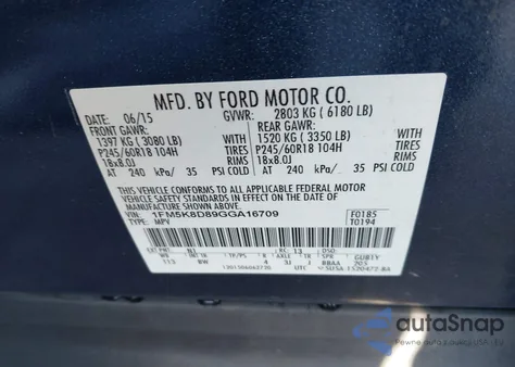 2016 Ford Explorer Xlt z USA, uszkodzony, nr VIN 1FM5K8D89GGA16709